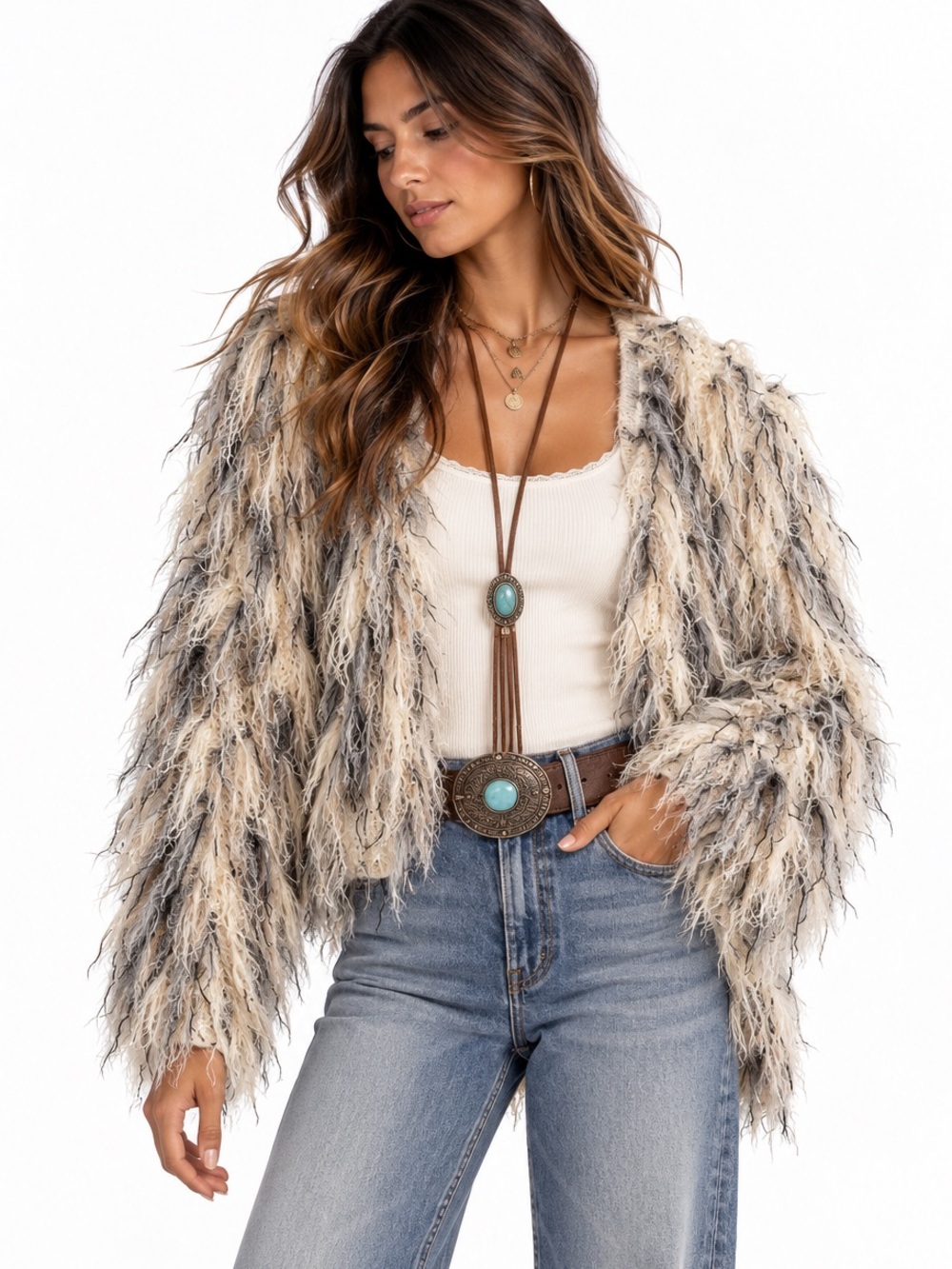 Windsor Shaggy Open-Front Sweater Cardigan Cream and Gray